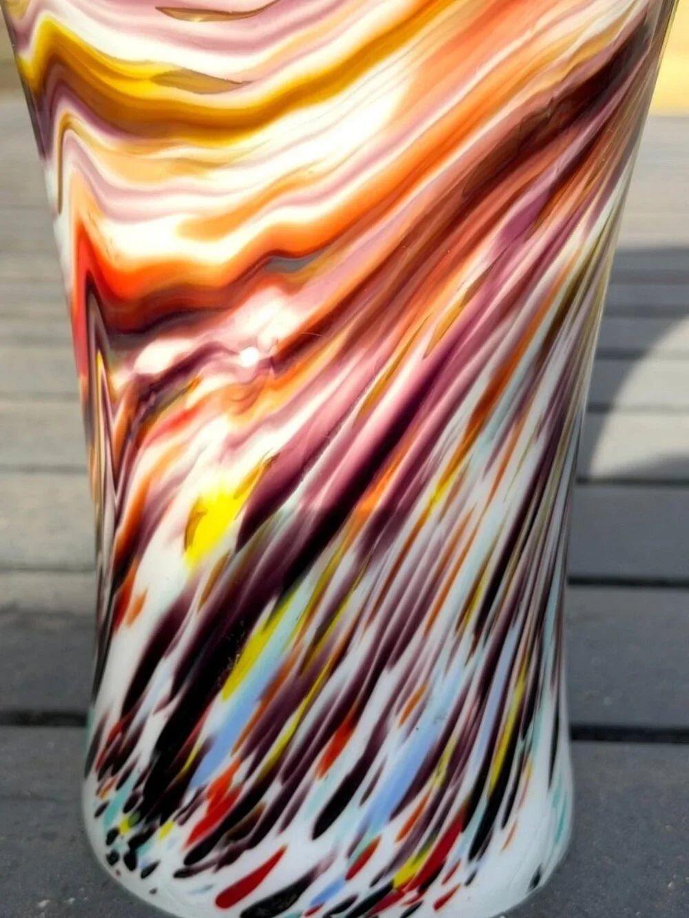 Vintage Murano Style Hand Blown Multicolor Art Glass Ruffled Vase 13.5